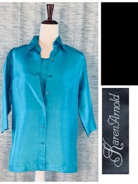 Karen Arnold Teal Satin 2-piece Button-Front Women's Shirt with Camisole.